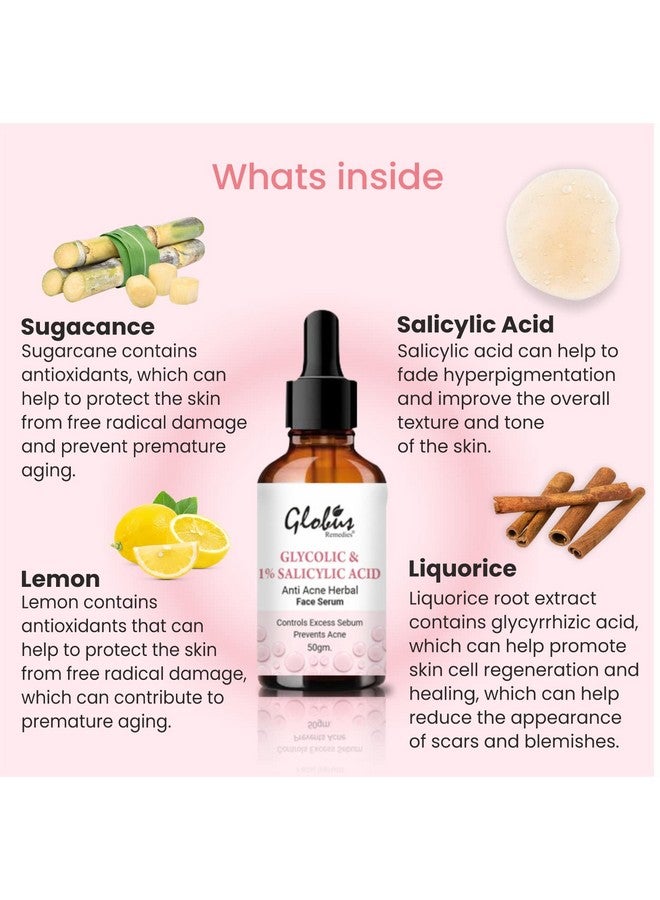Globus Remedies Glycolic & 1% Salicylic Acid Anti Acne Face Serum For Oily & Acne Prone Skin 50Ml (Pack1) - Image 2