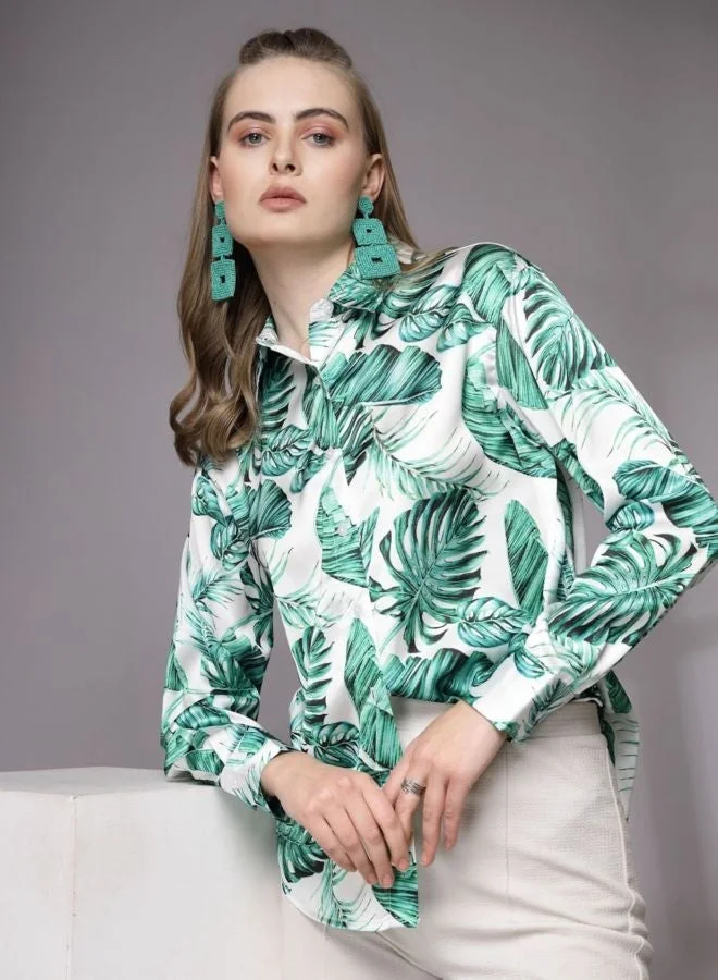مرفوعة Women Regular Fit Tropical Printed Shirt Collar Long Sleeve Shirt
