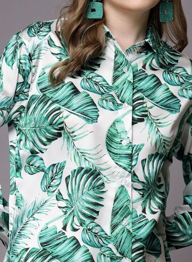 مرفوعة Women Regular Fit Tropical Printed Shirt Collar Long Sleeve Shirt
