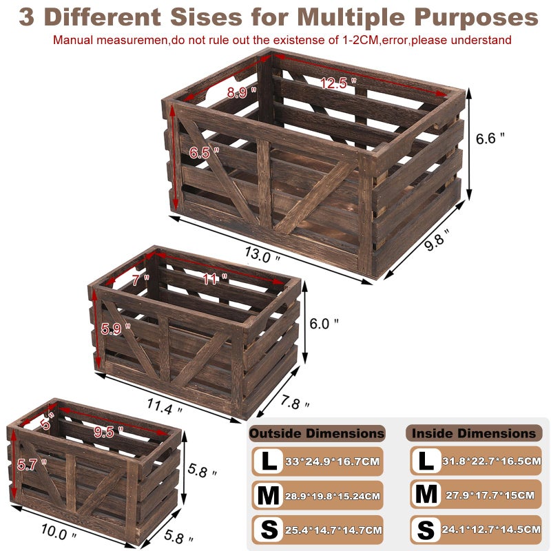LYDWOO8D Nested Wooden Storage Crates Set of 3 (L,M,S),Farmhouse Decorative Boxes with Handles for Home Organization & Display - Image 3