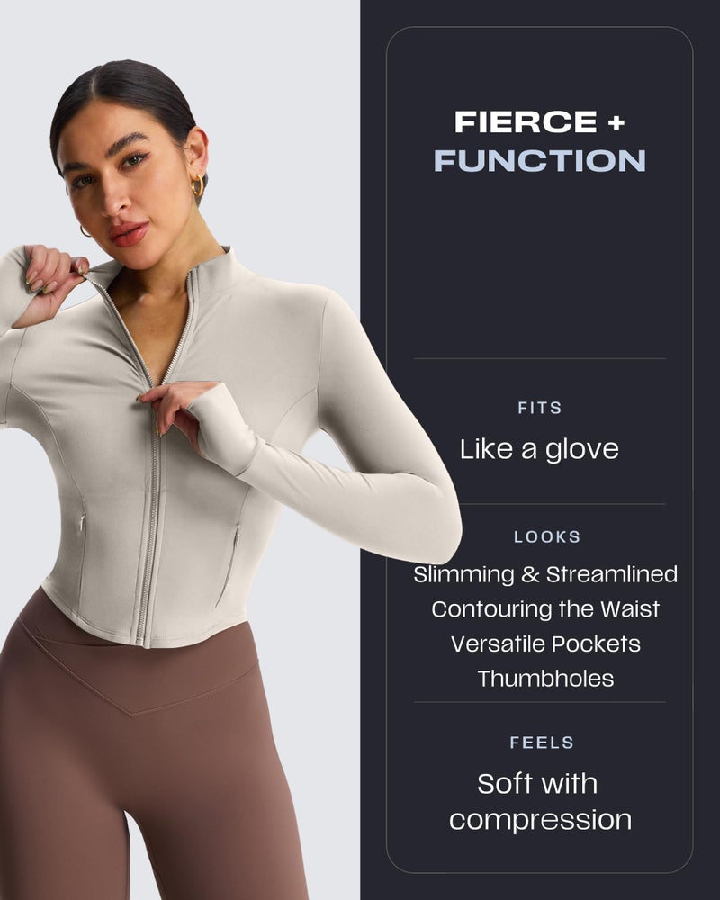 Aoxjox Women's Geo Full Zip Velura Jacket Workout Buttery Soft PlushFlexâ„¢ Long Sleeve Thumbhole With Pocket Cardigan (Almond, Small) - Image 2