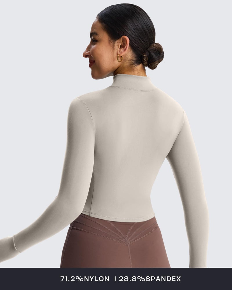 Aoxjox Women's Geo Full Zip Velura Jacket Workout Buttery Soft PlushFlexâ„¢ Long Sleeve Thumbhole With Pocket Cardigan (Almond, Small) - Image 3
