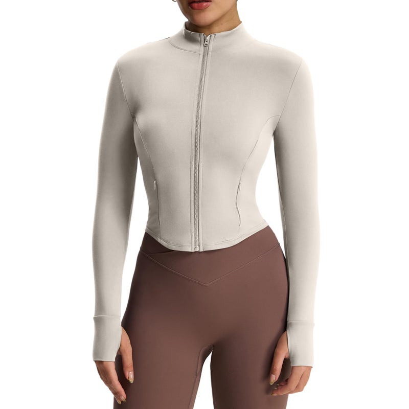 Aoxjox Women's Geo Full Zip Velura Jacket Workout Buttery Soft PlushFlexâ„¢ Long Sleeve Thumbhole With Pocket Cardigan (Almond, Small) - Image 1