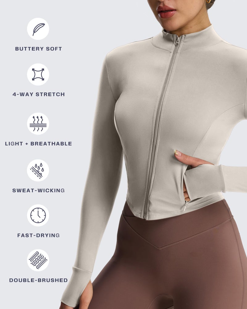 Aoxjox Women's Geo Full Zip Velura Jacket Workout Buttery Soft PlushFlexâ„¢ Long Sleeve Thumbhole With Pocket Cardigan (Almond, Small) - Image 4