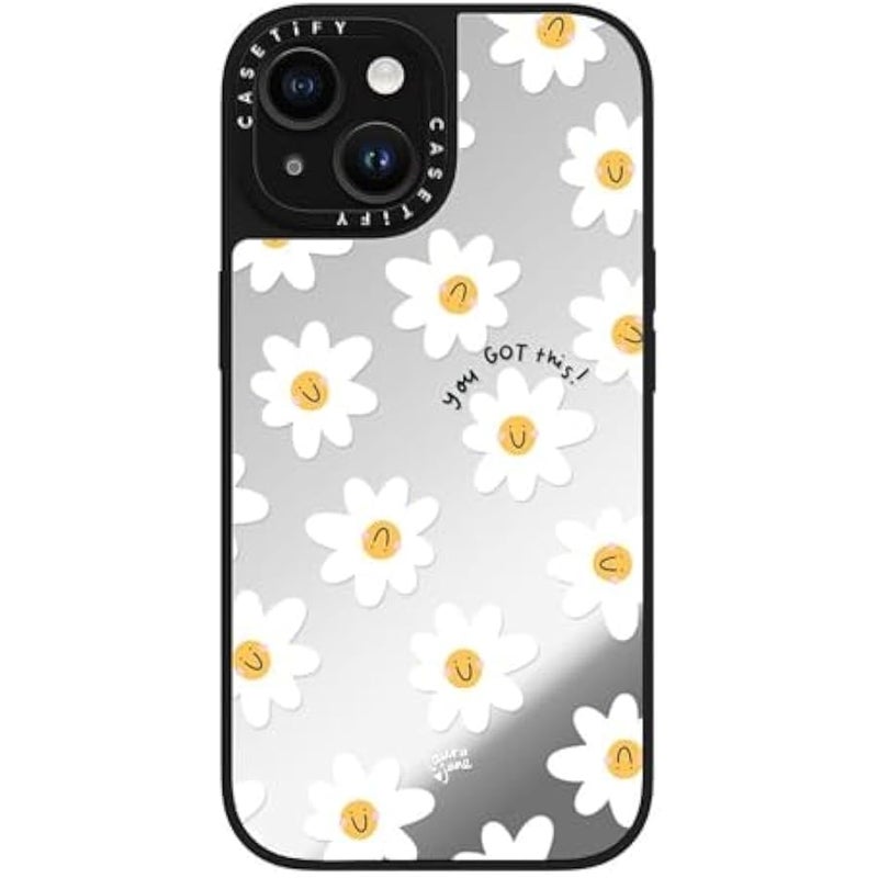Casetify Mirror iPhone 15 Case 【Reflective / 4.9ft Drop Protection/Compatible with Magsafe】 - Daisies by Laura Jane Illustrations - Silver on Black - Image 5