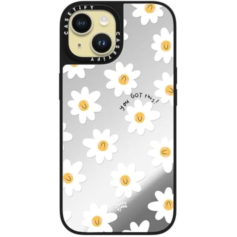 Casetify Mirror iPhone 15 Case 【Reflective / 4.9ft Drop Protection/Compatible with Magsafe】 - Daisies by Laura Jane Illustrations - Silver on Black - Image 2