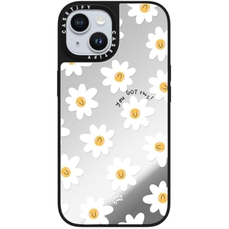 Casetify Mirror iPhone 15 Case 【Reflective / 4.9ft Drop Protection/Compatible with Magsafe】 - Daisies by Laura Jane Illustrations - Silver on Black - Image 4