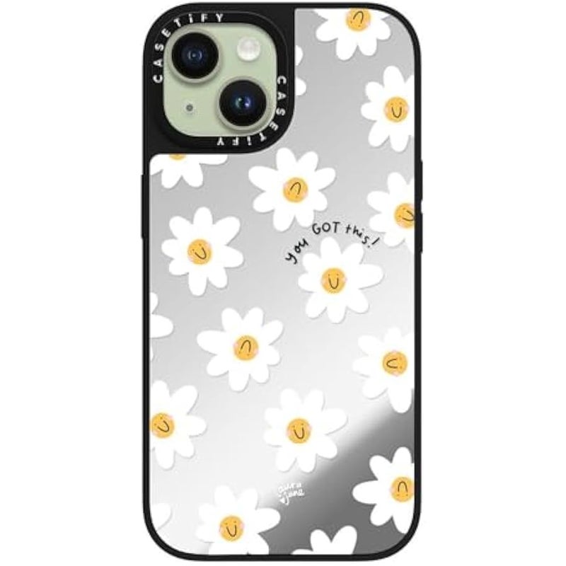 Casetify Mirror iPhone 15 Case 【Reflective / 4.9ft Drop Protection/Compatible with Magsafe】 - Daisies by Laura Jane Illustrations - Silver on Black - Image 3