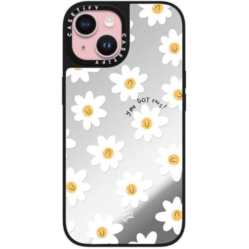 Casetify Mirror iPhone 15 Case 【Reflective / 4.9ft Drop Protection/Compatible with Magsafe】 - Daisies by Laura Jane Illustrations - Silver on Black - Image 1