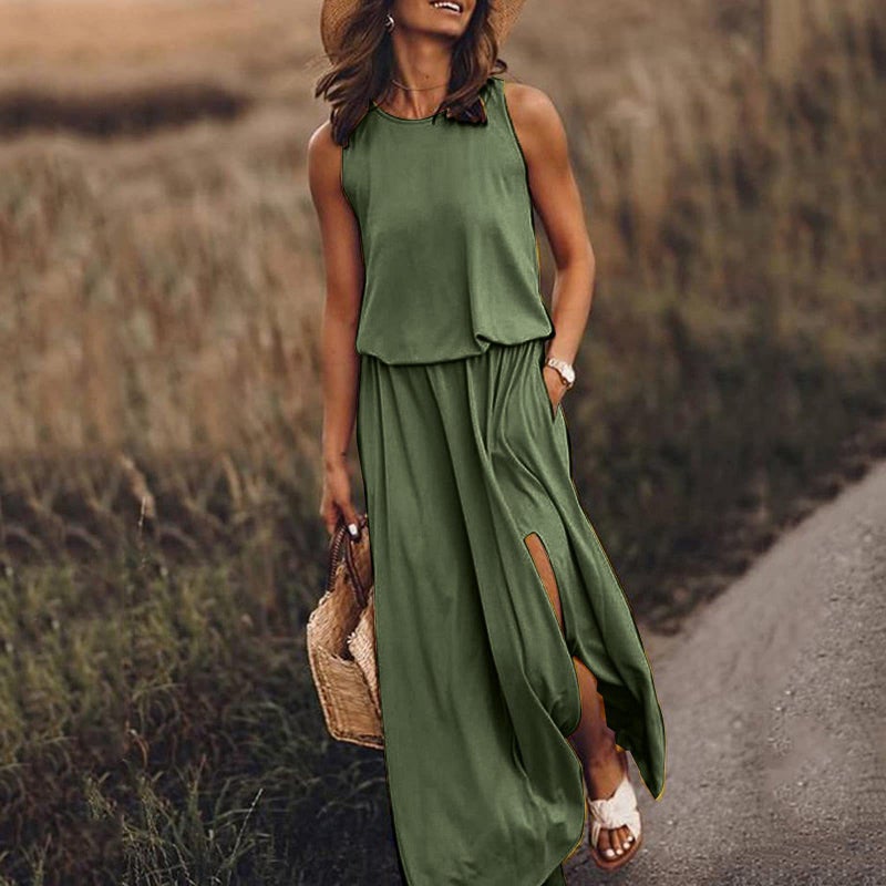 2025 Summer New Arrival Women's Round Neck Sleeveless Dress with Slit, Solid Color Long Skirt - Image 1