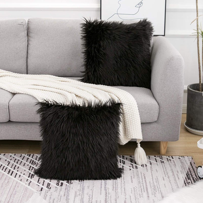 WLNUI Set of 2 Black Christmas Decorative Pillow Covers New Luxury Series Merino Style Faux Fur Fluffy Throw Pillow Covers Square Fuzzy Cushion Case for Sofa Bedroom Living Room Home Decor 18x18 Inch - Image 2