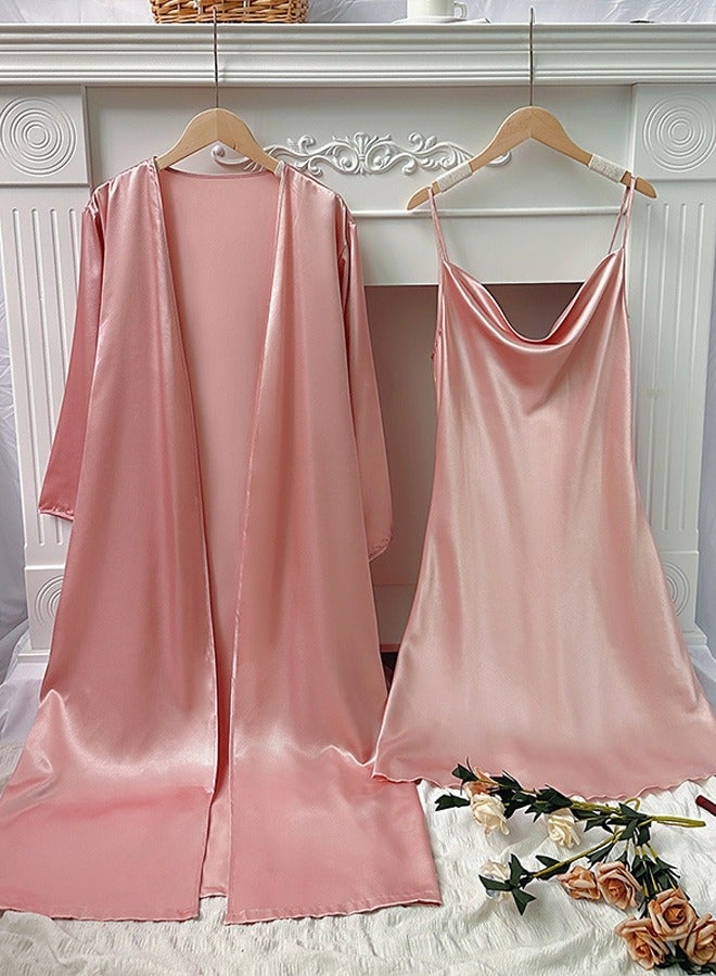 Loquat Women's Solid Color Imitation Silk 2-Piece Set Nightgown Sleepwear Slip Dress And Night-Robe Soft Loungewear Pajamas Suit Pink 