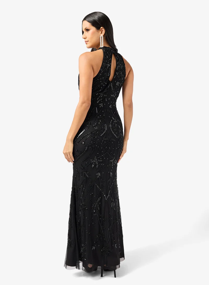 Namshi x Halter Neck Bead Embellished Evening Gown