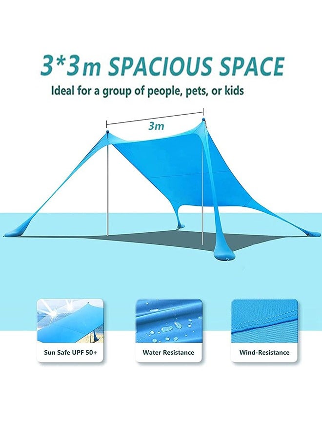Garlo Pop Up Beach Tent Sun Shelter UPF50+ with Sand Shovel, Ground Pegs and Stability Poles, Outdoor Shade for Camping Trips, Fishing, Backyard Fun or Picnics (3mx3m 4 Pole, Turquoise)  - Image 2