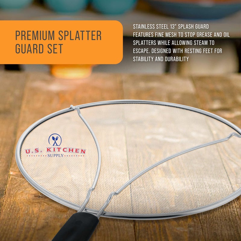 U.S. Kitchen Supply حارس تناثر من الفولاذ المقاوم للصدأ 13" بشبكة دقيقة، غطاء للدهون والزيوت، شاشة تناثر لمقلاة، أواني الطهي، مع أرجل للراحة ومقبض مريح - Image 3