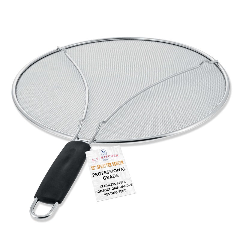 U.S. Kitchen Supply حارس تناثر من الفولاذ المقاوم للصدأ 13" بشبكة دقيقة، غطاء للدهون والزيوت، شاشة تناثر لمقلاة، أواني الطهي، مع أرجل للراحة ومقبض مريح - Image 1