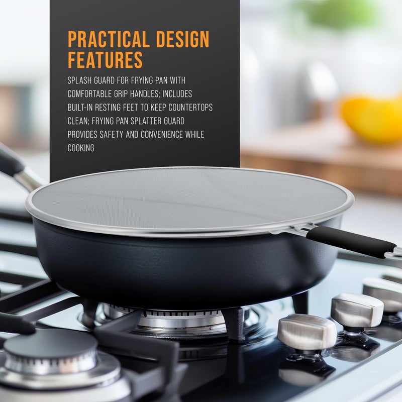 U.S. Kitchen Supply حارس تناثر من الفولاذ المقاوم للصدأ 13" بشبكة دقيقة، غطاء للدهون والزيوت، شاشة تناثر لمقلاة، أواني الطهي، مع أرجل للراحة ومقبض مريح - Image 4