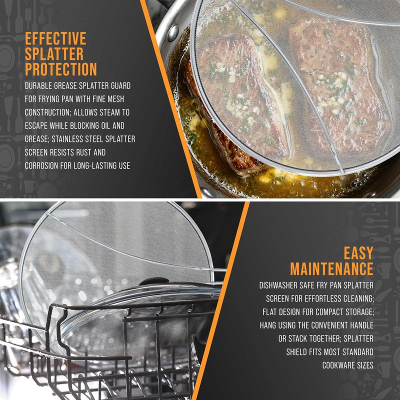 U.S. Kitchen Supply حارس تناثر من الفولاذ المقاوم للصدأ 13" بشبكة دقيقة، غطاء للدهون والزيوت، شاشة تناثر لمقلاة، أواني الطهي، مع أرجل للراحة ومقبض مريح - Image 5