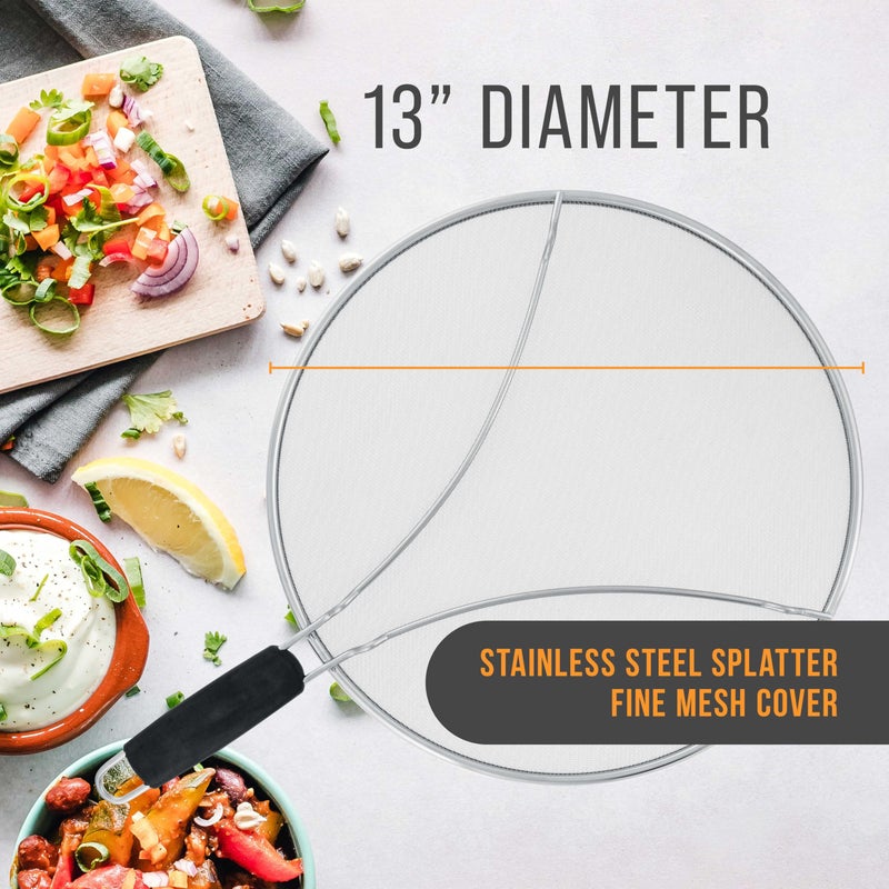 U.S. Kitchen Supply حارس تناثر من الفولاذ المقاوم للصدأ 13" بشبكة دقيقة، غطاء للدهون والزيوت، شاشة تناثر لمقلاة، أواني الطهي، مع أرجل للراحة ومقبض مريح - Image 2