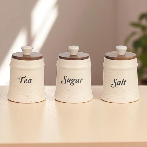 ClayStone Tea Sugar Salt Containers Ceramic with Airtight Lids - Set of 3 Jars for Kitchen Storage (Tea Suger Salt) - Image 1