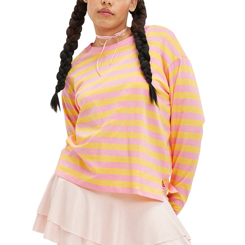 S32257 Home Casual Printed Stripesd Pattern Round Neck Trendyy Long-Sleeved Pullover Color Matching T-Shirt For Women - Image 1