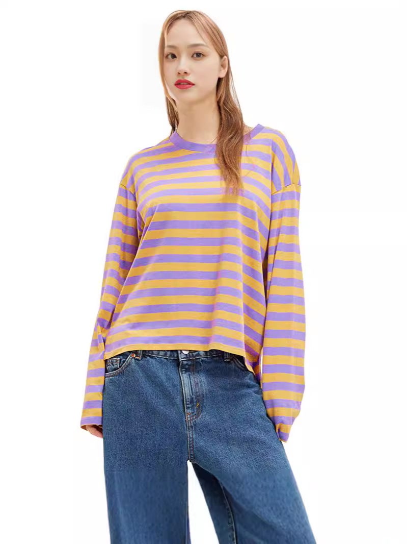 S32257 Home Casual Printed Stripesd Pattern Round Neck Trendyy Long-Sleeved Pullover Color Matching T-Shirt For Women - Image 3