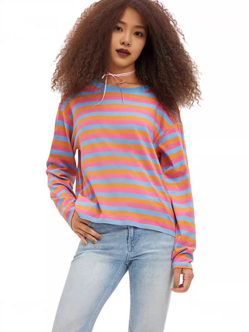 S32257 Home Casual Printed Stripesd Pattern Round Neck Trendyy Long-Sleeved Pullover Color Matching T-Shirt For Women - Image 4