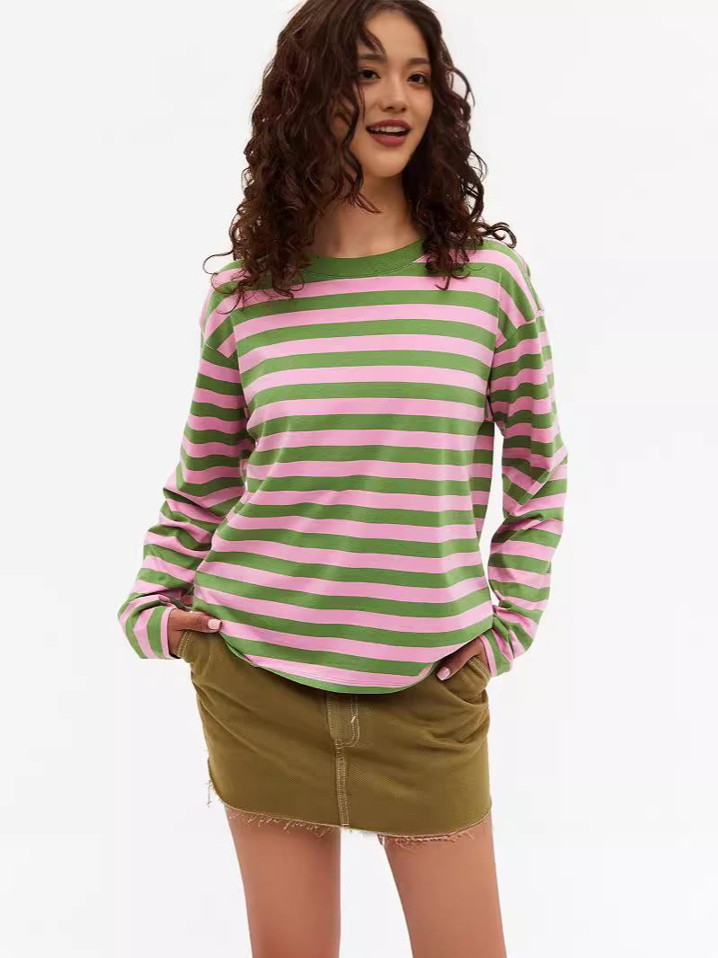 S32257 Home Casual Printed Stripesd Pattern Round Neck Trendyy Long-Sleeved Pullover Color Matching T-Shirt For Women - Image 2