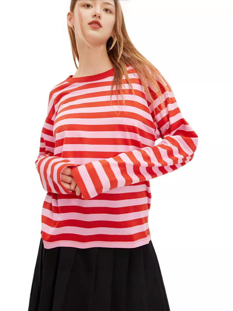 S32257 Home Casual Printed Stripesd Pattern Round Neck Trendyy Long-Sleeved Pullover Color Matching T-Shirt For Women - Image 5