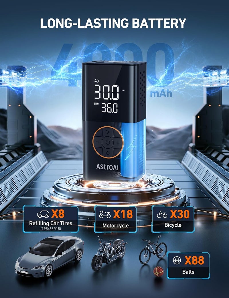 AstroAI L7 Air Compressor Tire Inflator Portable Cordless Bike Pump with Digital Dual Values Display, 150 PSI Car Tires Pump with LED Lights Air Pump for Cars, Motorcycles, Bikes, Balls - Image 3