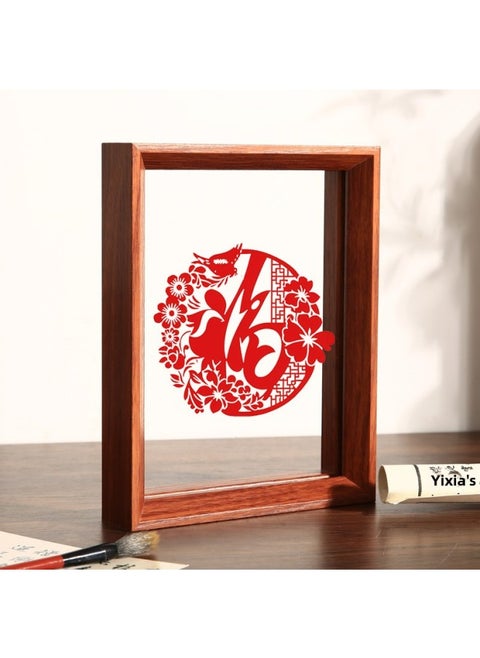 Chinese-style Double-sided Transparent Photo Frame Table Year Paper-cut Fu Character Calligraphy Frame Mounted Ornaments Specimen Display Stand A4 Frame-Color:A4 [can Hold 21*29.7cm]-walnut Color