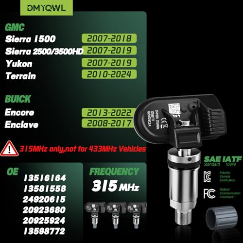 DMYQWL 315Mhz PreProgrammed TPMS Compatible with GMCBuickSierra 150025003500 20072019 Yukon20072019 Terrain20102024 Encore20132022 Enclave20082017 Tire Sensor 13516164 4PCS - Image 3