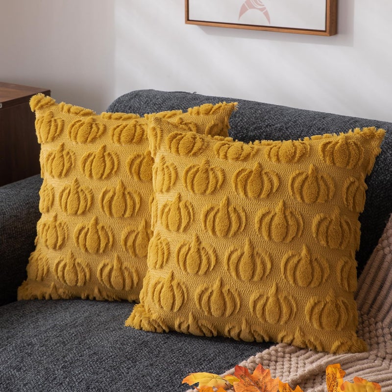 DFXSZ Fall Pillow Covers 18x18 Set of 2 Fall Decorations Autumn Yellow Pumpkin Throw Pillow Cases Soft Plush Faux Fur Wool Couch Cushion Case for Chair Sofa Bedroom Living Room Home Decor PTK02F18 - Image 2