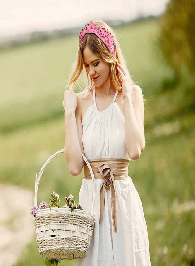 NVENF Easter Headband for Women Beaded Easter Rabbit Bunny Headband White Pink Crystal Pearl Knotted Hairband Happy Easter Hair Accessories Spring Holiday Headwear Outfits Gifts (Easter A) - Image 2