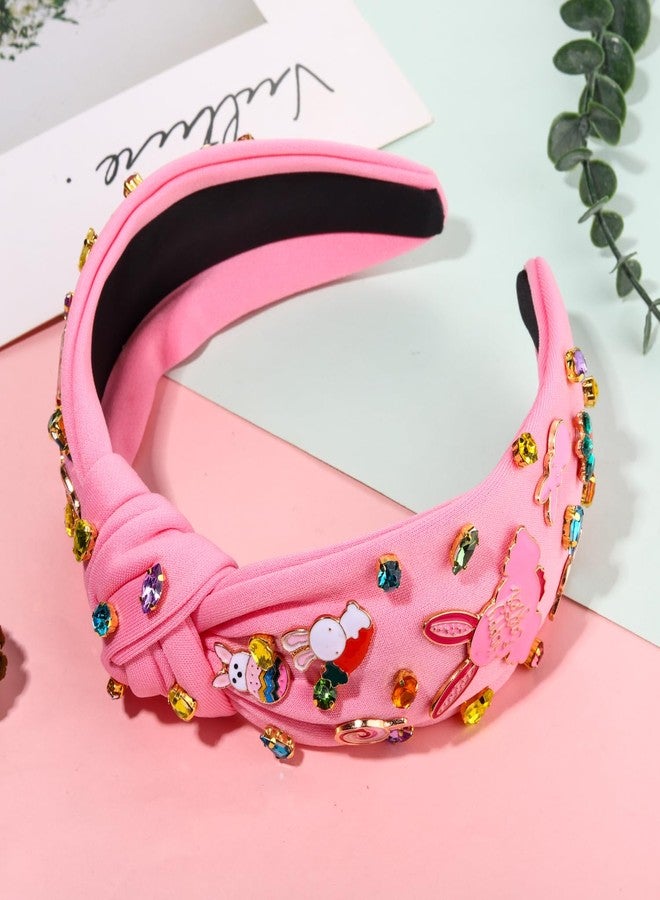 NVENF Easter Headband for Women Beaded Easter Rabbit Bunny Headband White Pink Crystal Pearl Knotted Hairband Happy Easter Hair Accessories Spring Holiday Headwear Outfits Gifts (Easter A) - Image 4