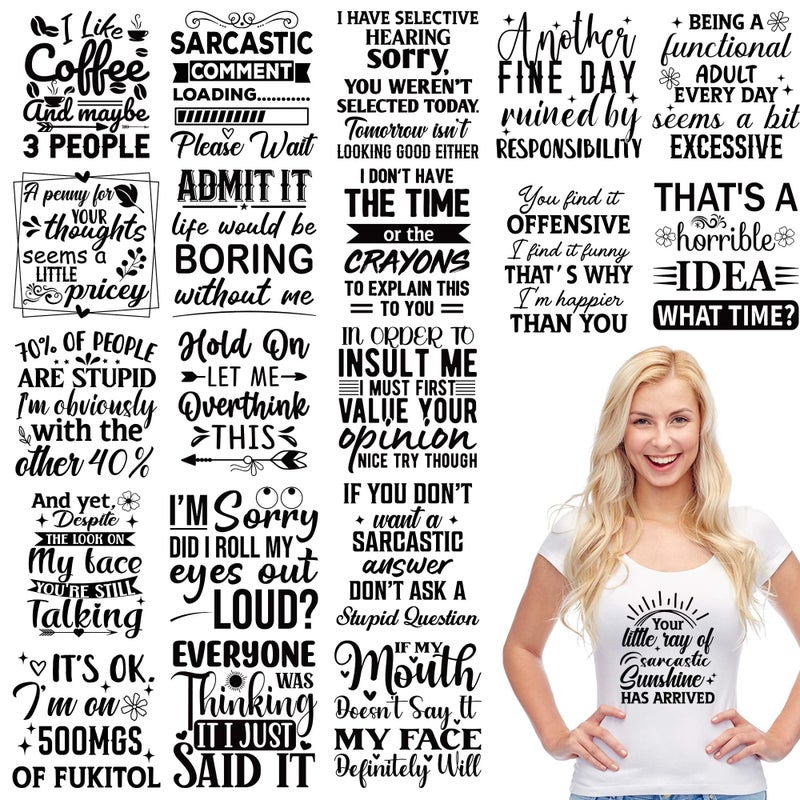 EoBeCy 20 Sheets Sarcastic Quotes Iron on Transfers for T-Shirts, Funny DTF Transfers Ready to Press Heat Transfers Vinyl, Iron on Patches Decals for Clothes Backpack Bag Pillow Covers DIY Crafts - Image 1