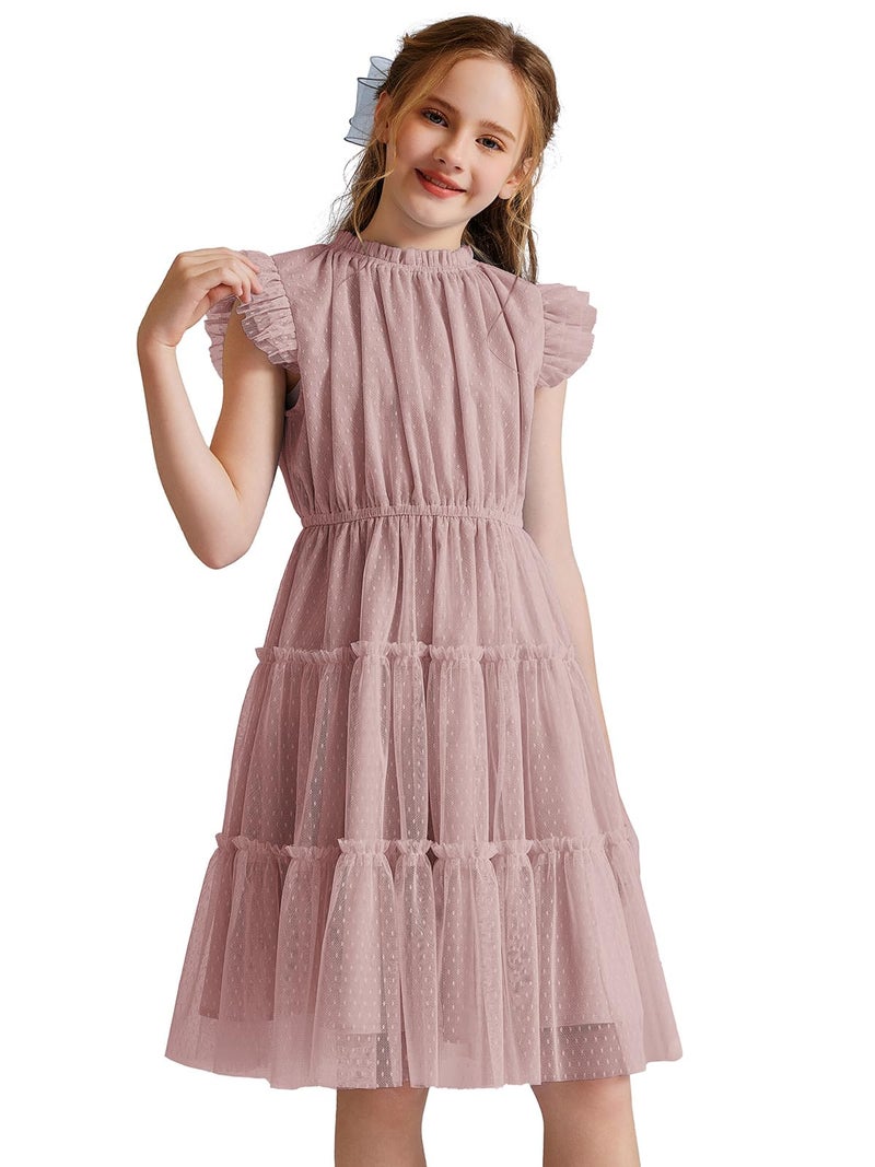 Quedoris Girls Tulle Layered Dress Elastic Neck and Waist Ruffle Dress Grey Pink 140Y - Image 1