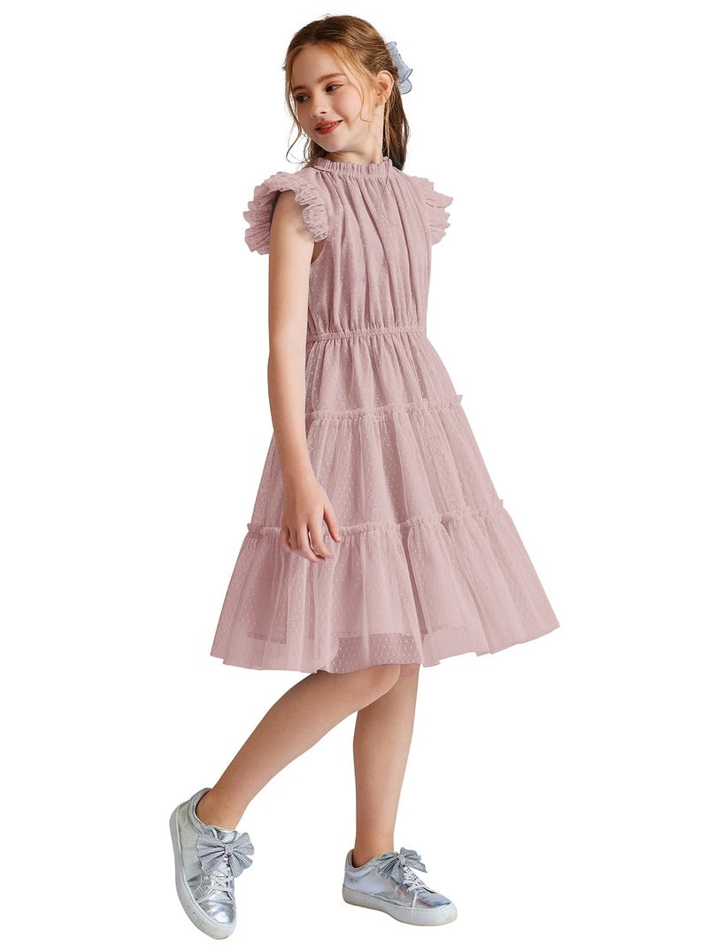 Quedoris Girls Tulle Layered Dress Elastic Neck and Waist Ruffle Dress Grey Pink 140Y - Image 4