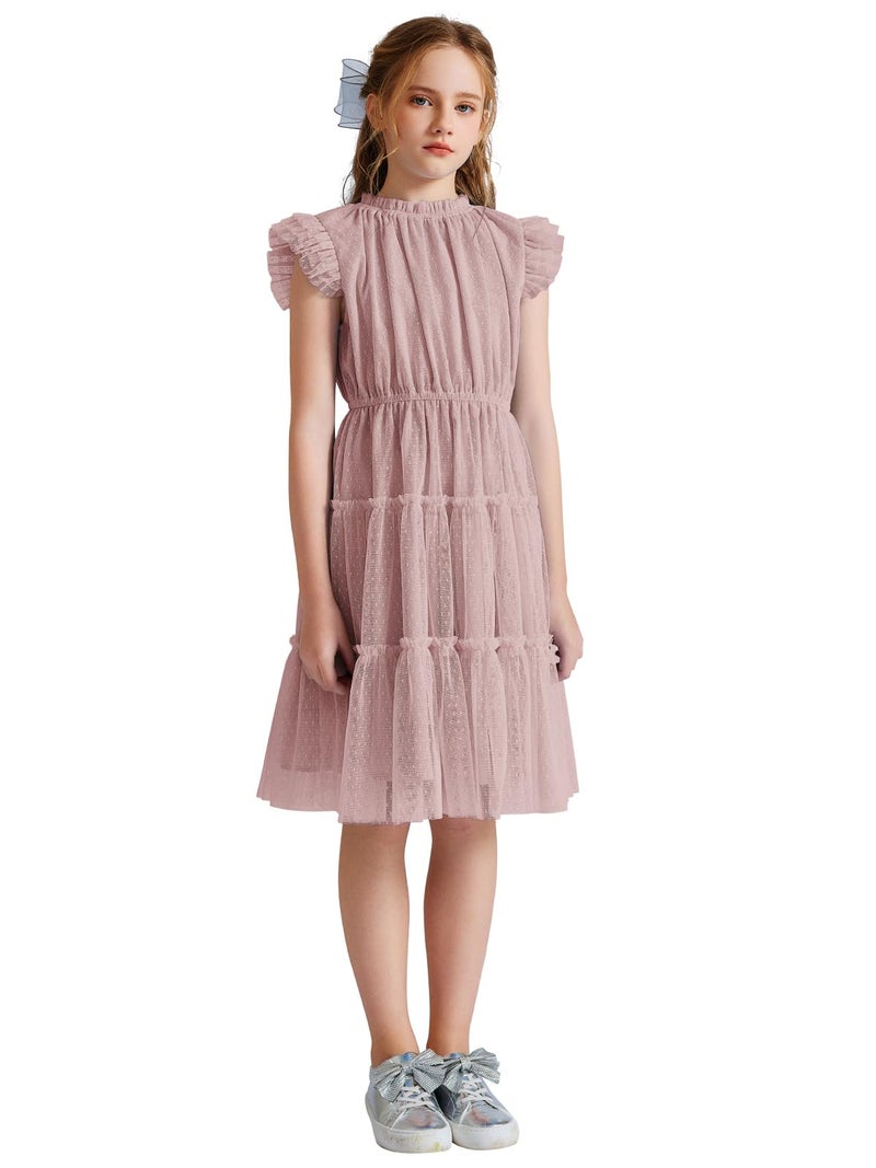 Quedoris Girls Tulle Layered Dress Elastic Neck and Waist Ruffle Dress Grey Pink 140Y - Image 3