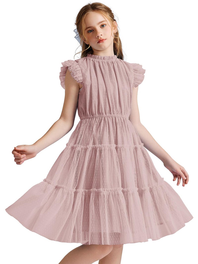 Quedoris Girls Tulle Layered Dress Elastic Neck and Waist Ruffle Dress Grey Pink 140Y - Image 2
