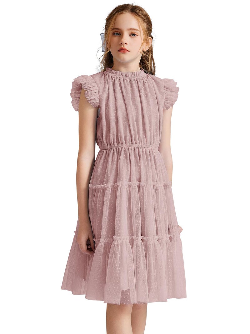 Quedoris Girls Tulle Layered Dress Elastic Neck and Waist Ruffle Dress Grey Pink 140Y - Image 5