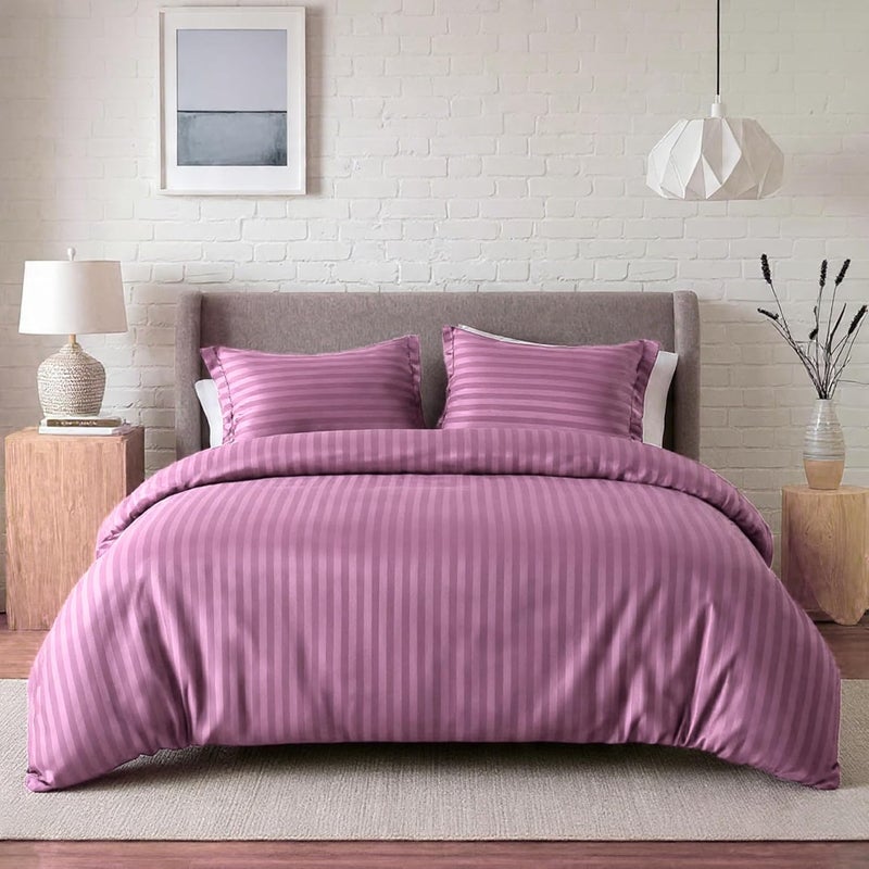 OSBED® Stripe 3 Piece Duvet Cover Set - Hotel Style Striped Duvet Cover & 2 Pillow Shams - Breathable Microfiber Fabric - Pink, King Size - Image 1
