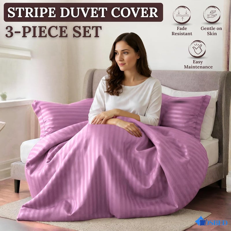 OSBED® Stripe 3 Piece Duvet Cover Set - Hotel Style Striped Duvet Cover & 2 Pillow Shams - Breathable Microfiber Fabric - Pink, King Size - Image 3