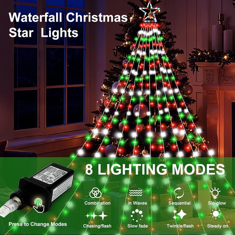 FUNIAO Outdoor Christmas Decorations Star Lights, 320 LED Hanging Twinkle Fairy String Lights Outside Tree Decoration Lights for Christmas, Yard, Garden, New Year (Plastic Star-Red White Green) - Image 4
