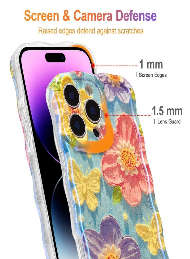 EYZUTAK جراب EYZUTAK لهاتف iPhone 15 Pro Max، بنمط زهور ملون مستوحى من اللوحات الزيتية القديمة، بنقشة ليزر لامعة وحواف مموجة لطيفة، غطاء هاتف أنيق ومتين من مادة TPU لحماية الهاتف للنساء - زهرة الفراشة - Image 4
