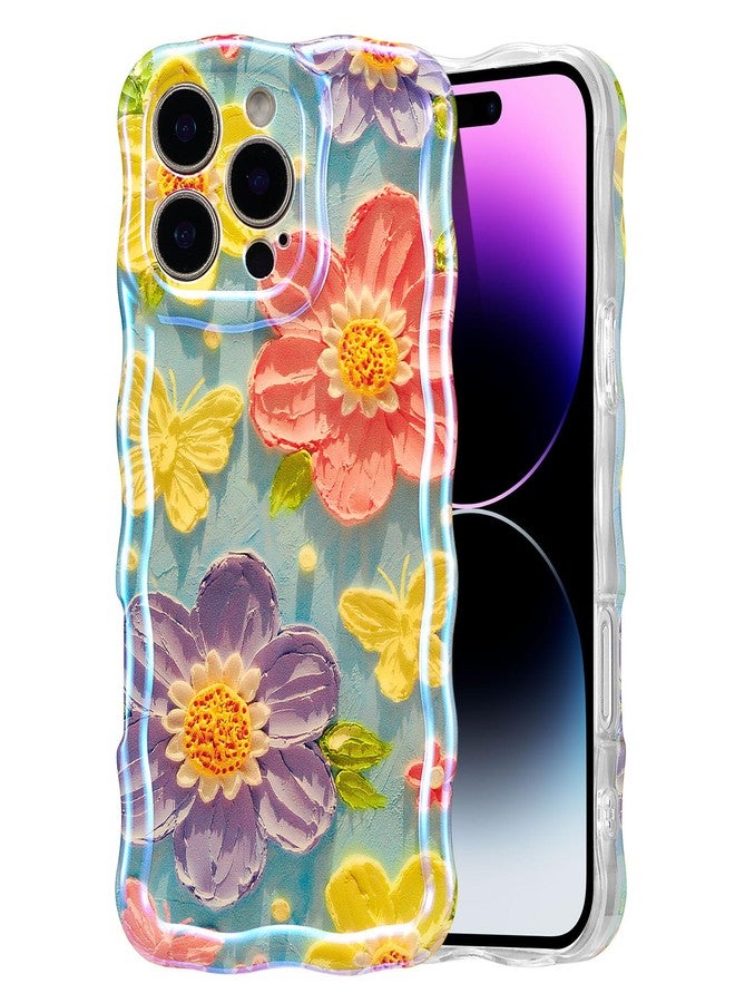 EYZUTAK جراب EYZUTAK لهاتف iPhone 15 Pro Max، بنمط زهور ملون مستوحى من اللوحات الزيتية القديمة، بنقشة ليزر لامعة وحواف مموجة لطيفة، غطاء هاتف أنيق ومتين من مادة TPU لحماية الهاتف للنساء - زهرة الفراشة - Image 1