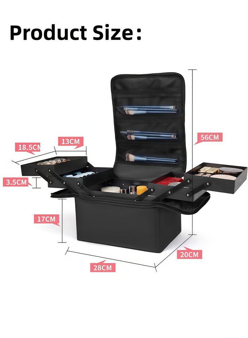 XiuWoo Makeup Bag, Double Layer Travel Cosmetic Case,Bag Large Makeup Carrying Train Case, Professional Nail Organizer Case. Portable Artist Storage Bag with Adjustable Dividers,for Nail Tools Jewelry Toiletry Jewelry Makeup Brushes Skinwith,for Women(Black) - Image 2