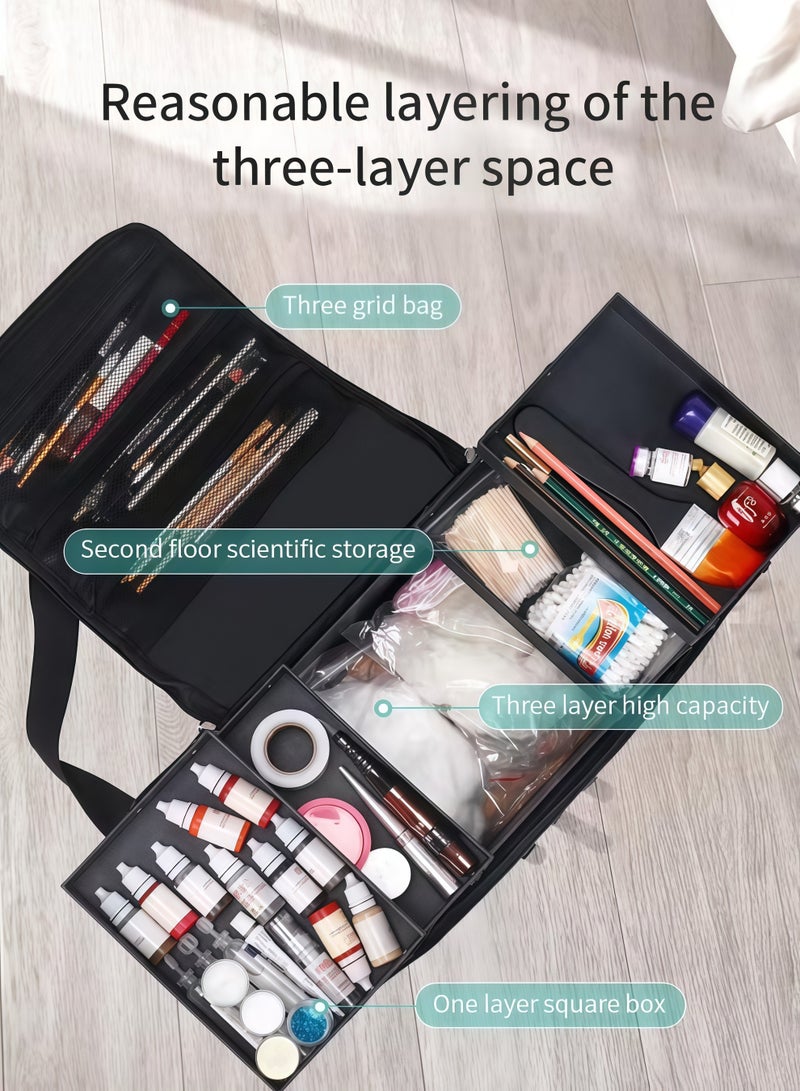 XiuWoo Makeup Bag, Double Layer Travel Cosmetic Case,Bag Large Makeup Carrying Train Case, Professional Nail Organizer Case. Portable Artist Storage Bag with Adjustable Dividers,for Nail Tools Jewelry Toiletry Jewelry Makeup Brushes Skinwith,for Women(Black) - Image 3