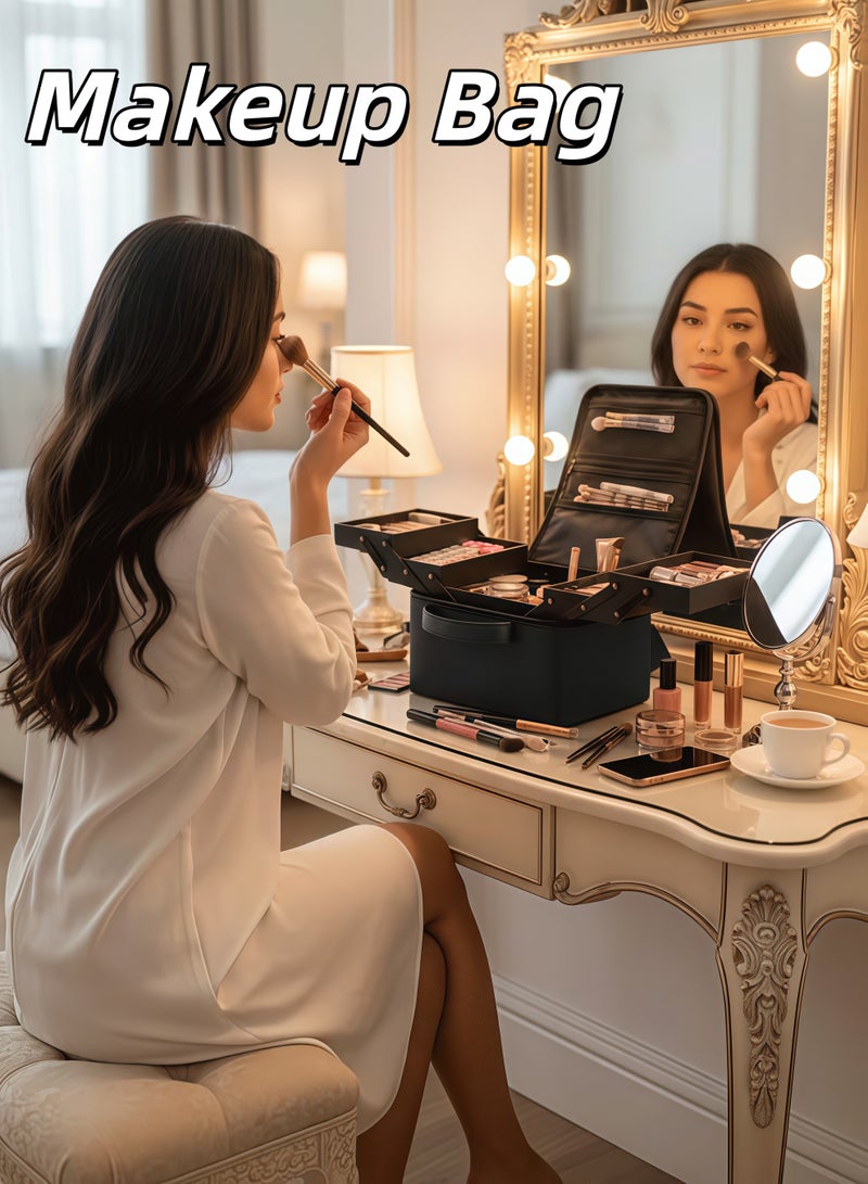 XiuWoo Makeup Bag, Double Layer Travel Cosmetic Case,Bag Large Makeup Carrying Train Case, Professional Nail Organizer Case. Portable Artist Storage Bag with Adjustable Dividers,for Nail Tools Jewelry Toiletry Jewelry Makeup Brushes Skinwith,for Women(Black) - Image 1