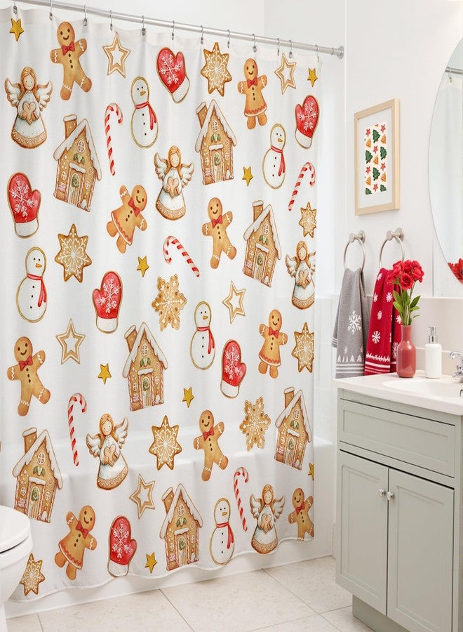Mocsicka Christmas Shower Curtain Gingerbread Christmas Bathroom Decor Vintage Gingerbread House with Candy Cartoon Waterproof Washable Bath Curtain (White, 71x71inch) - Image 5